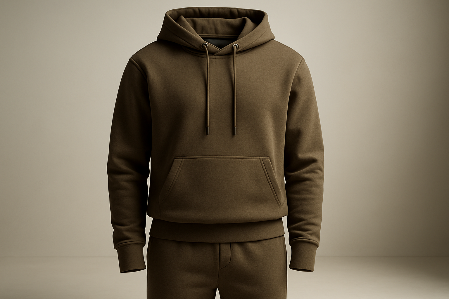 generate me a high end image of a set of hoodie with matching pants make the colour green but looks brown ish