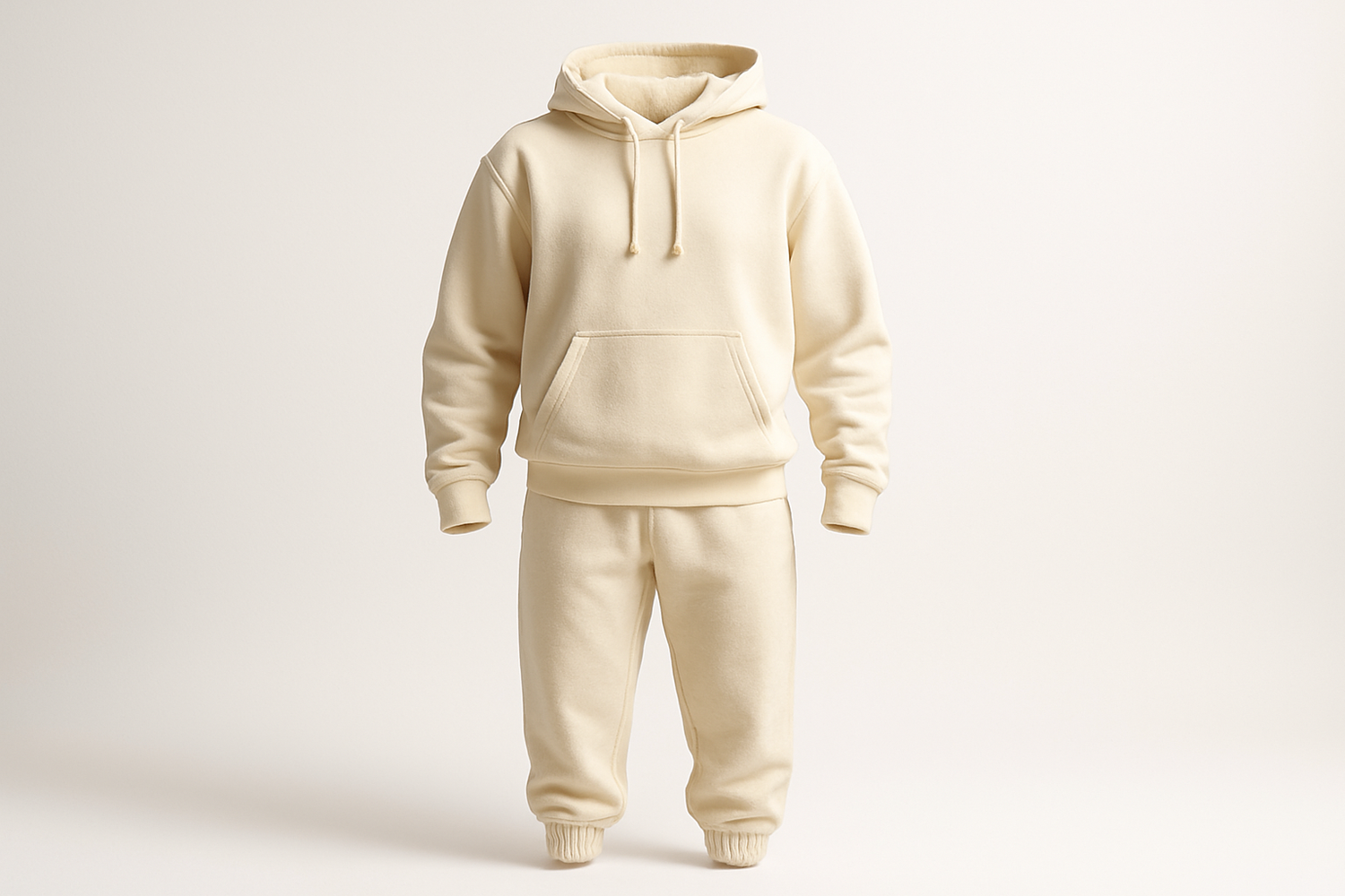 generate me an image of a pair of cream hoodie with matching pants just floating