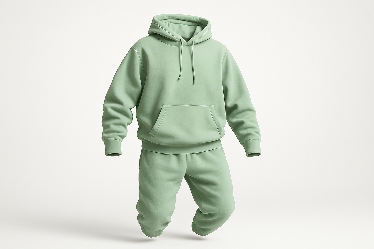 generate me an image of a pair of light green hoodie with matching pants just floating