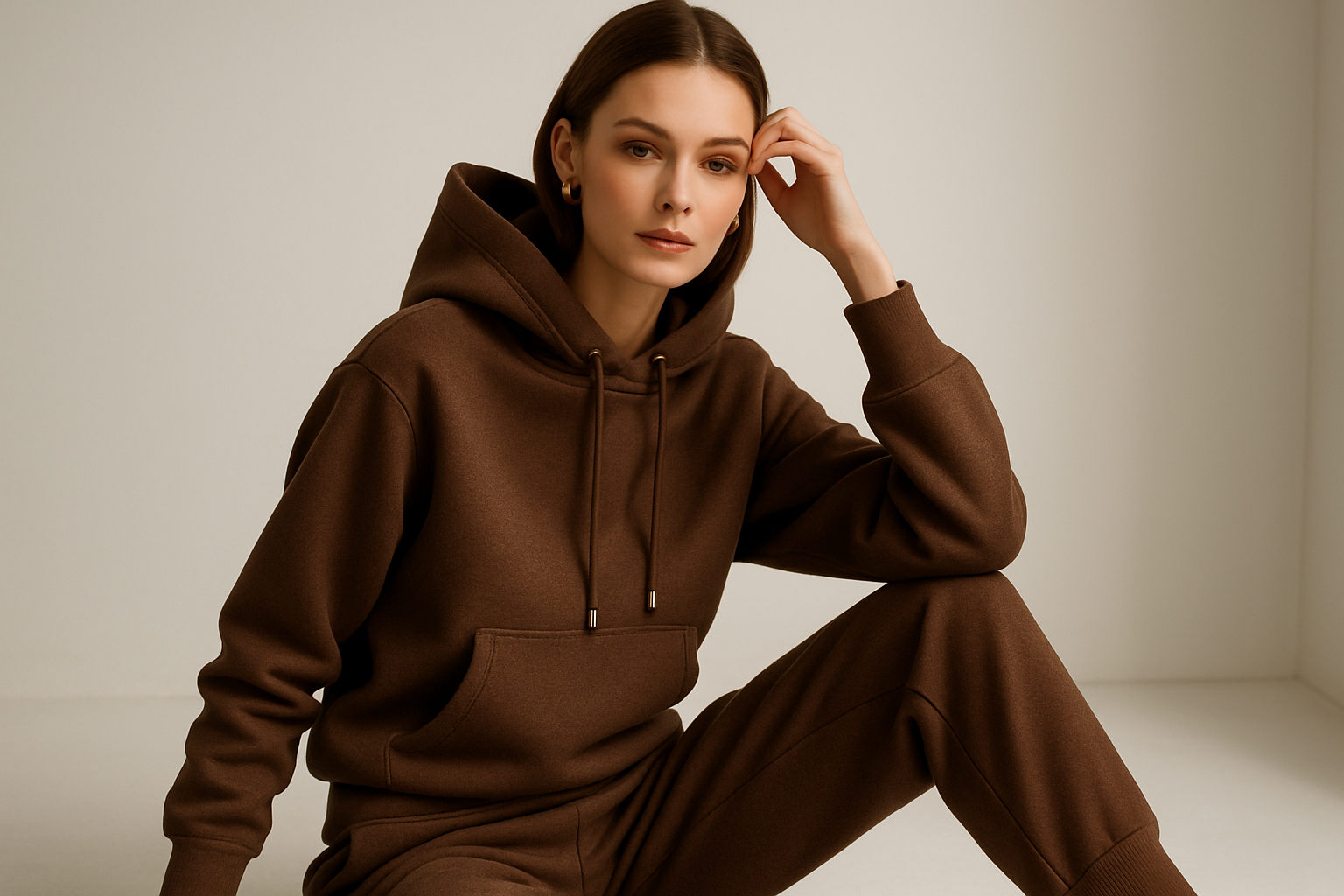genertae me an high end image of a girl sitting down wearing a brown set of hoodie with matching pants